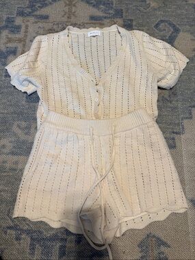 Cream Knit Two-Piece Set - Button Cardigan & Drawstring Shorts